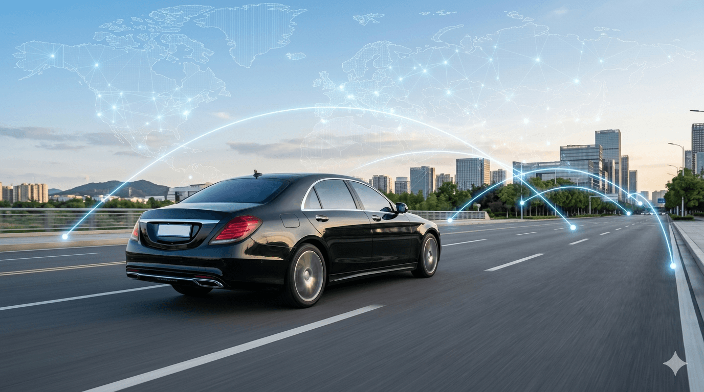 Luxury black sedan on highway connecting cities worldwide