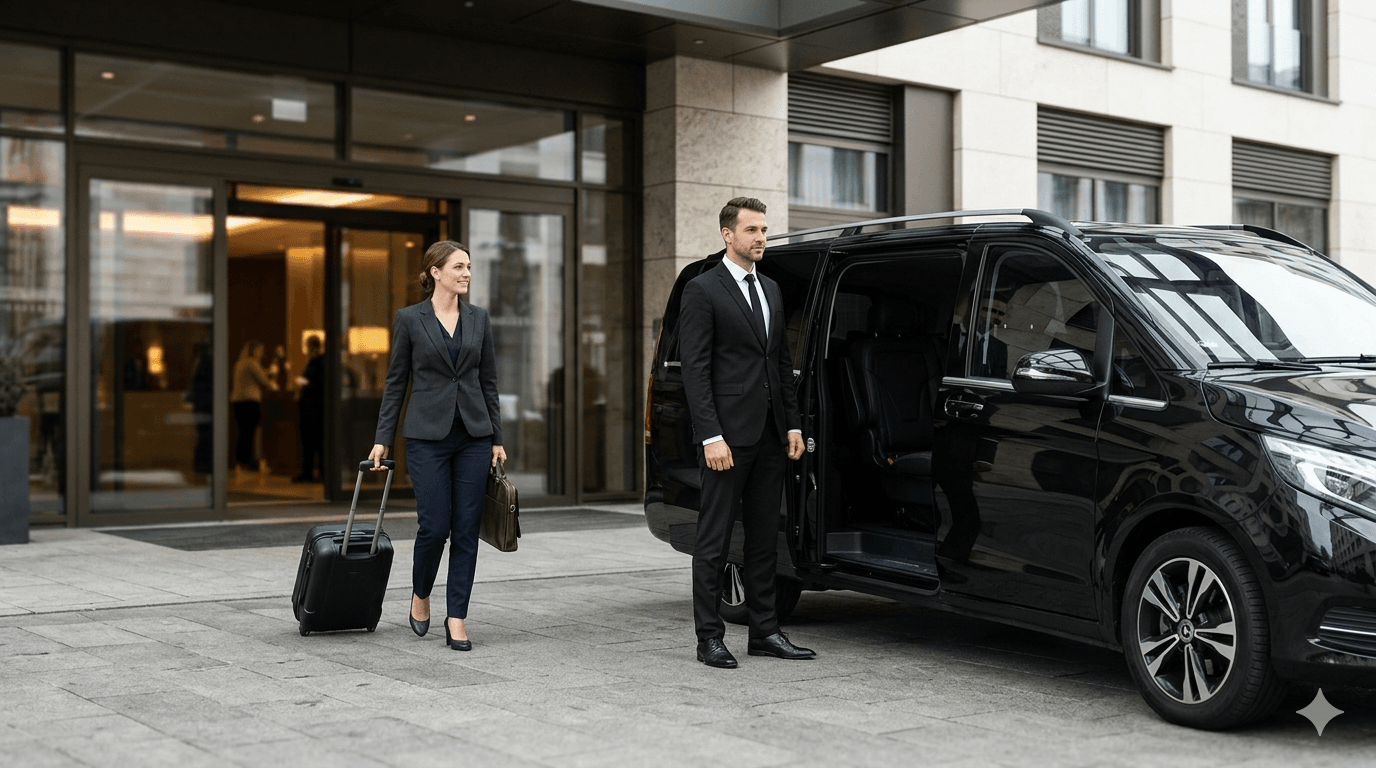 Professional chauffeur welcoming business traveler at hotel