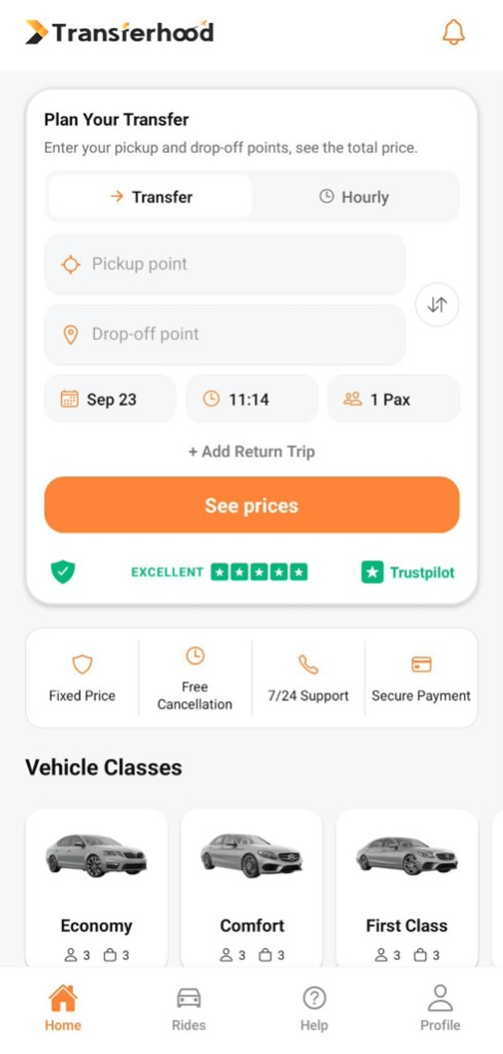 Transferhood app home