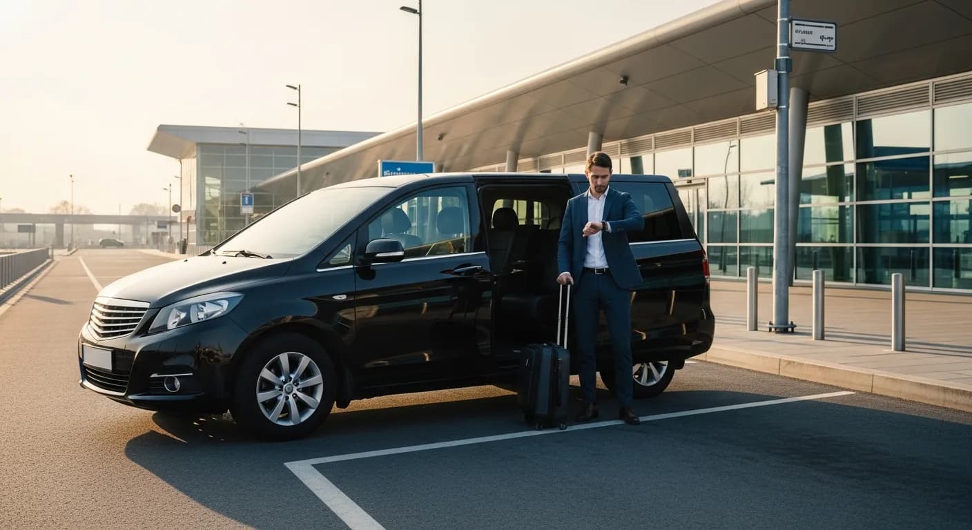 Transferhood airport transfer pickup time planning shown with a traveler and vehicle at a departure terminal