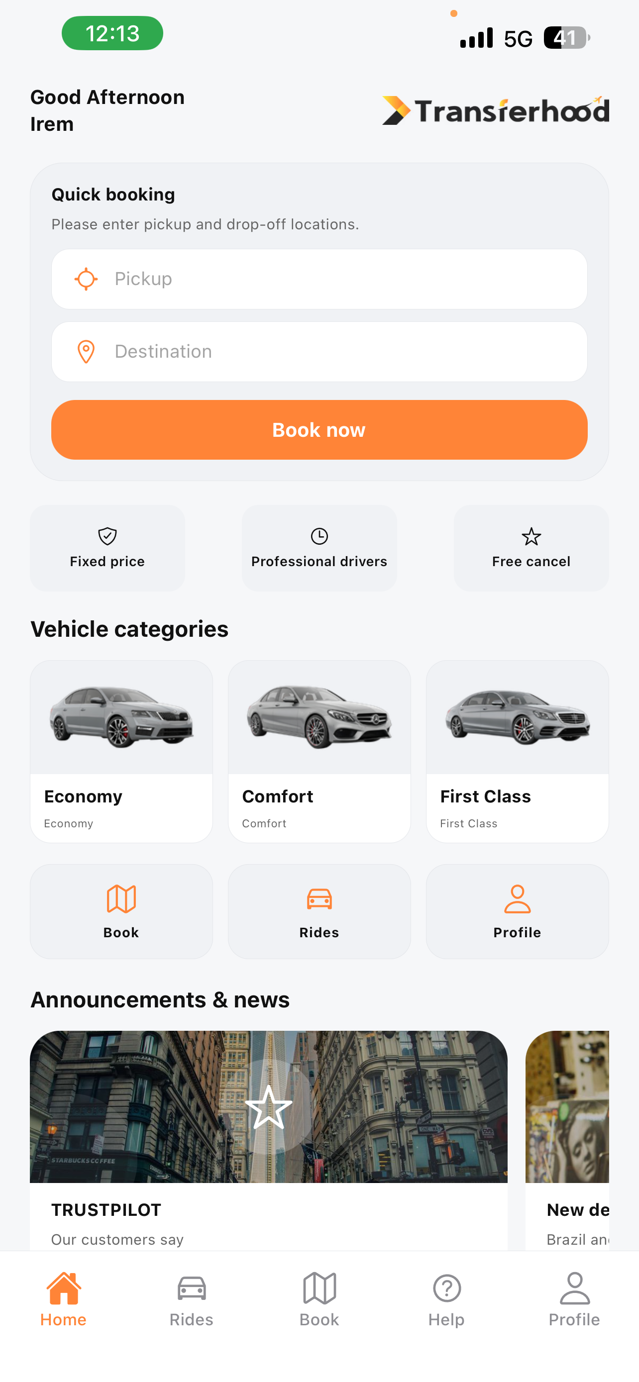 Transferhood app home